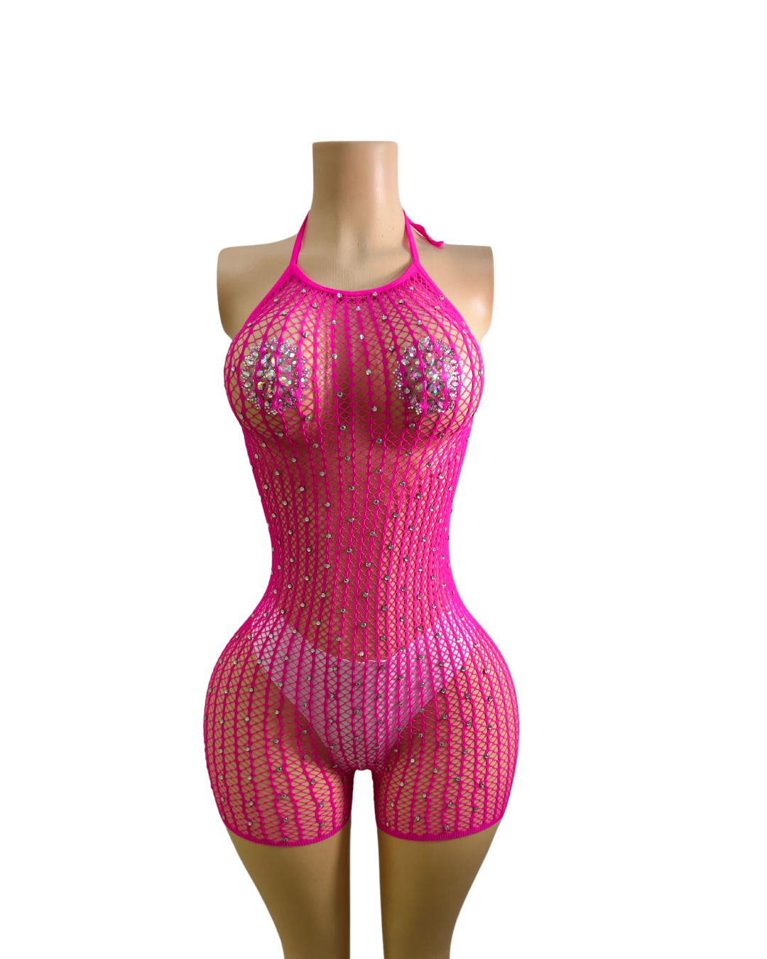 Fishnet Backtie Romper W/Rhinestones(SHORT)-#010