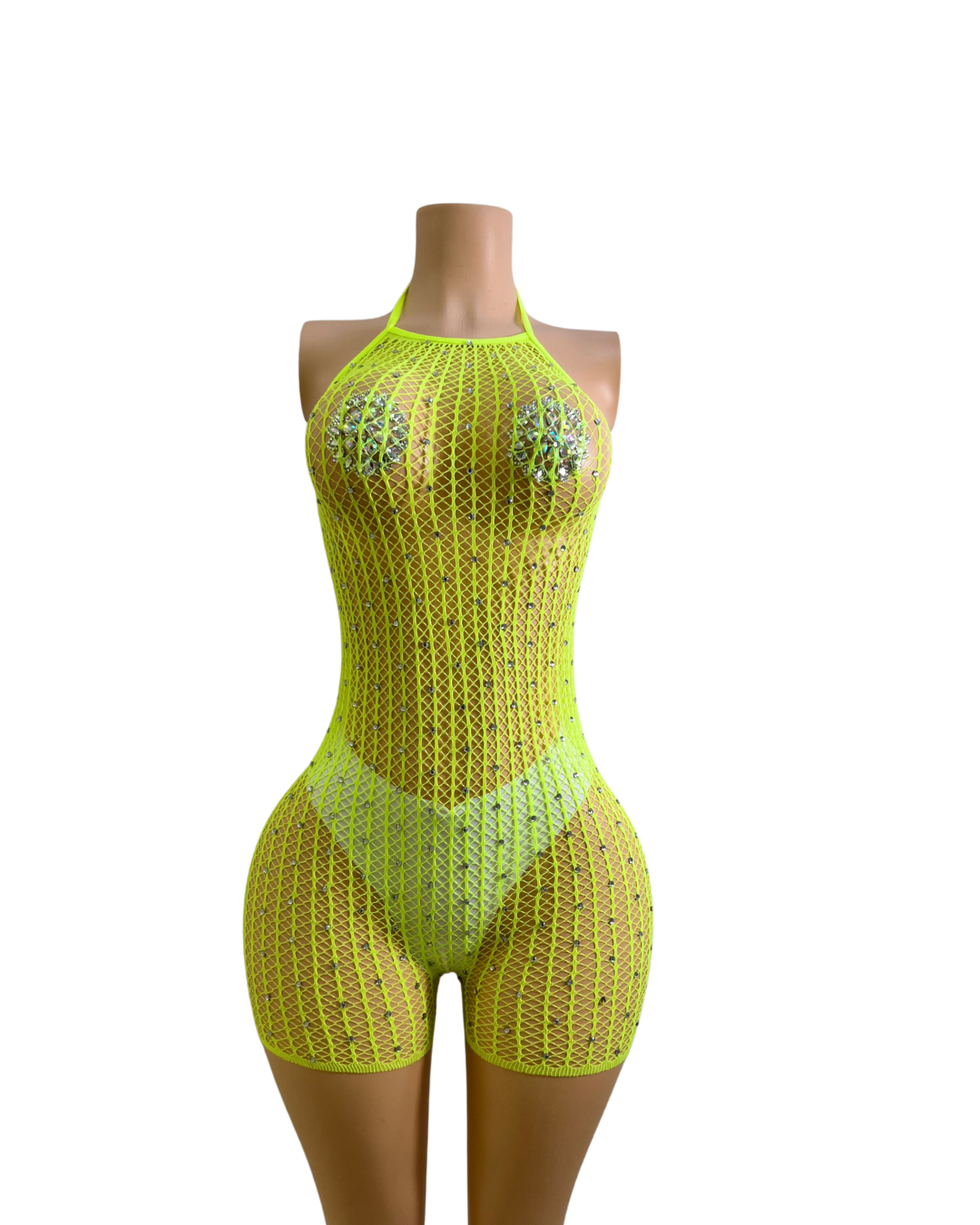 Fishnet Backtie Romper W/Rhinestones(SHORT)-#010