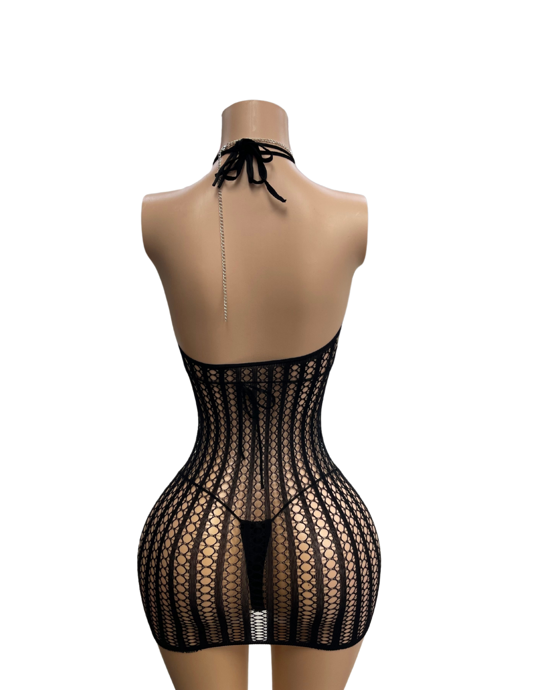 Short Low Back Tie Neck Fishnet Dress 014