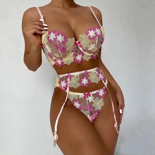 Flower Lingerie 3 Pc Set - #042