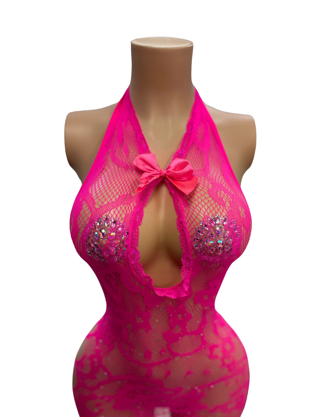 Bow Tie Fishnet Short Dress With Rhinestone 015