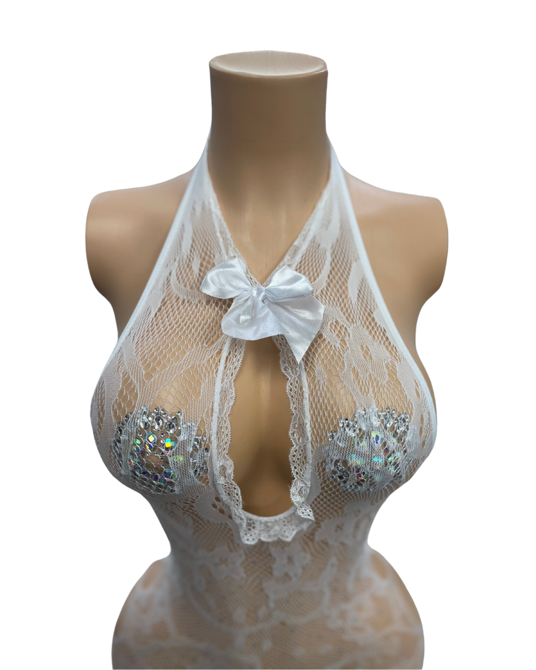 Bow Tie Fishnet Short Dress With Rhinestone 015