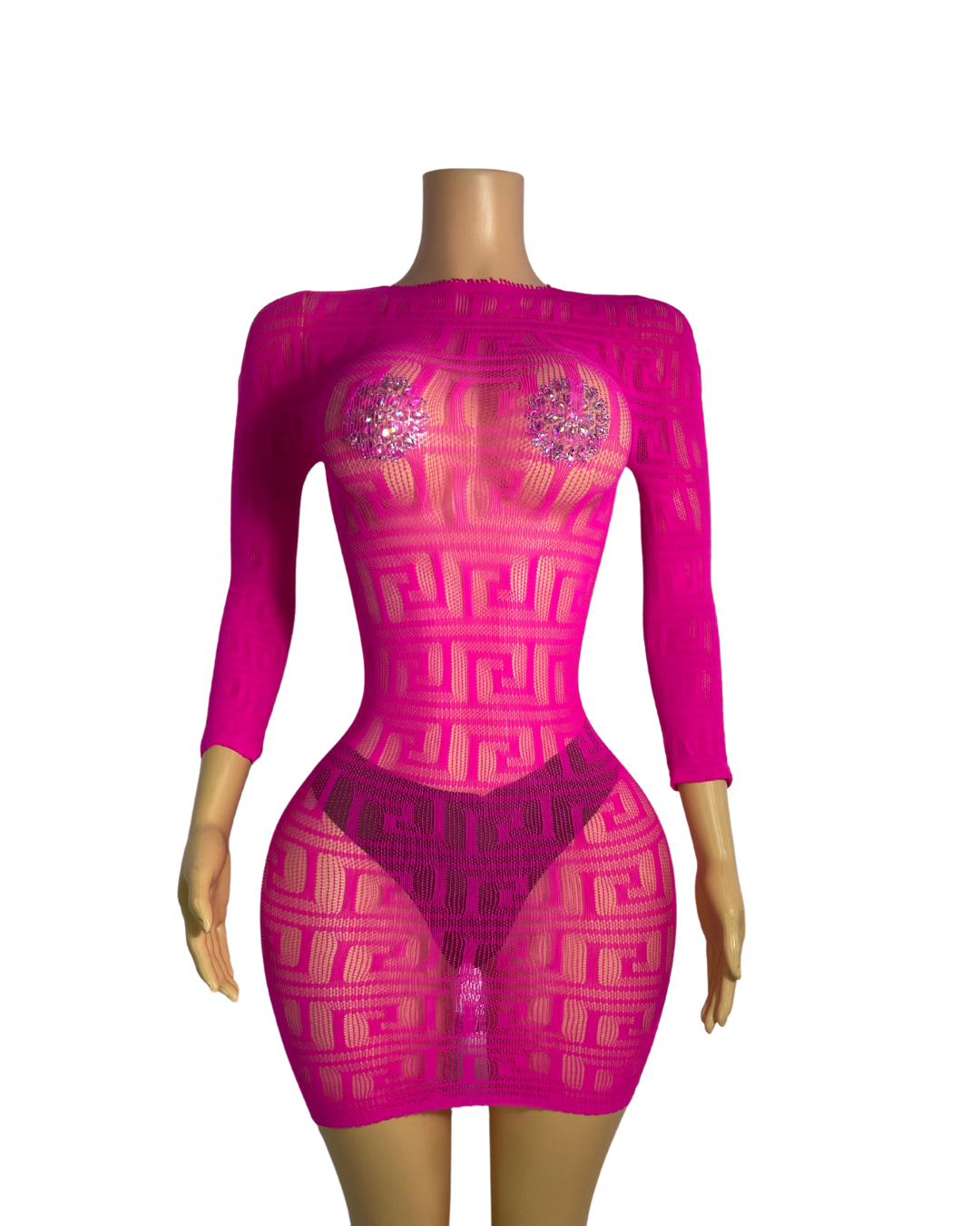 Fishnet Long Sleeve Short Dress -#006