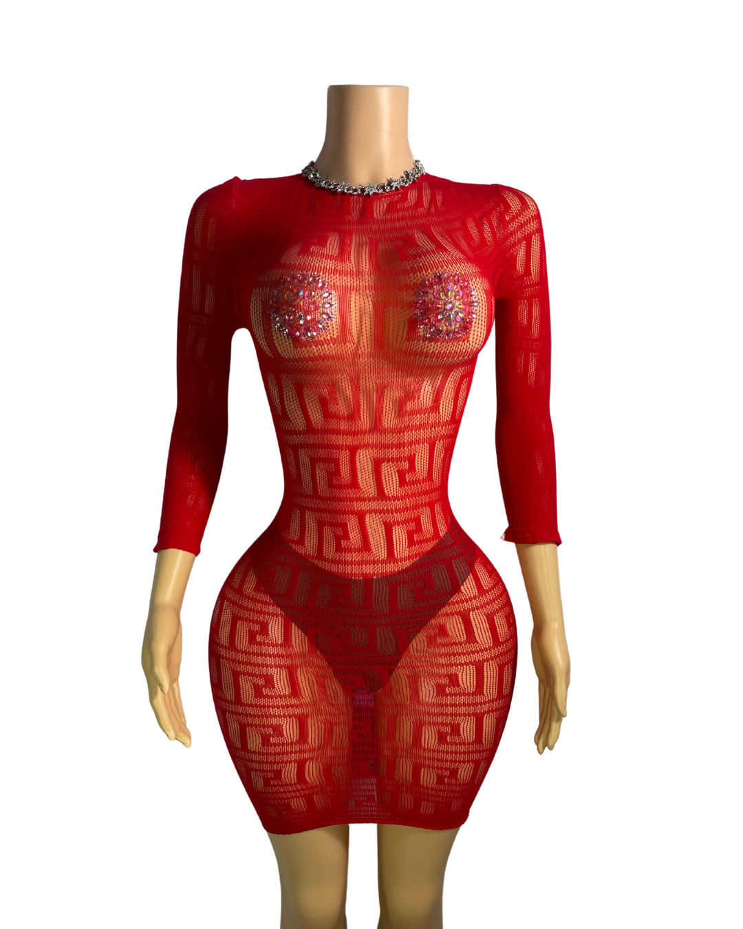Fishnet Long Sleeve Short Dress -#006
