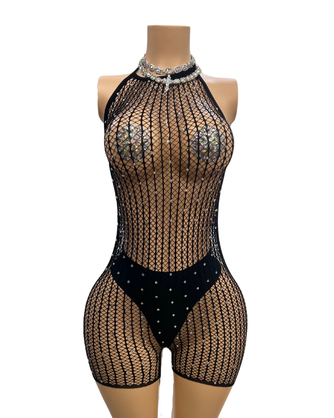 Fishnet Backtie Romper W/Rhinestones(SHORT)-#010