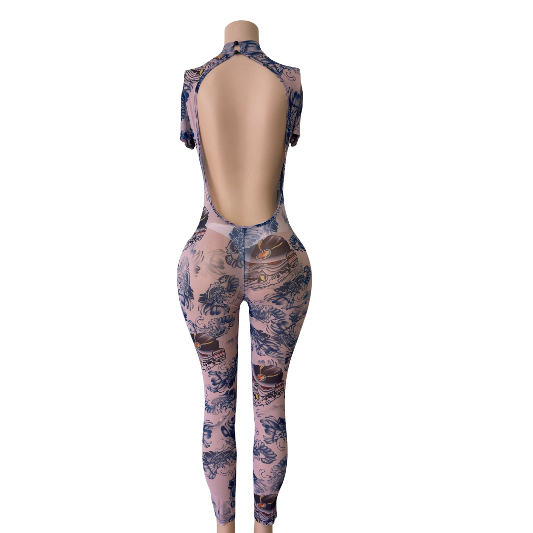 Long Tattoo Mesh Jumpsuit #001