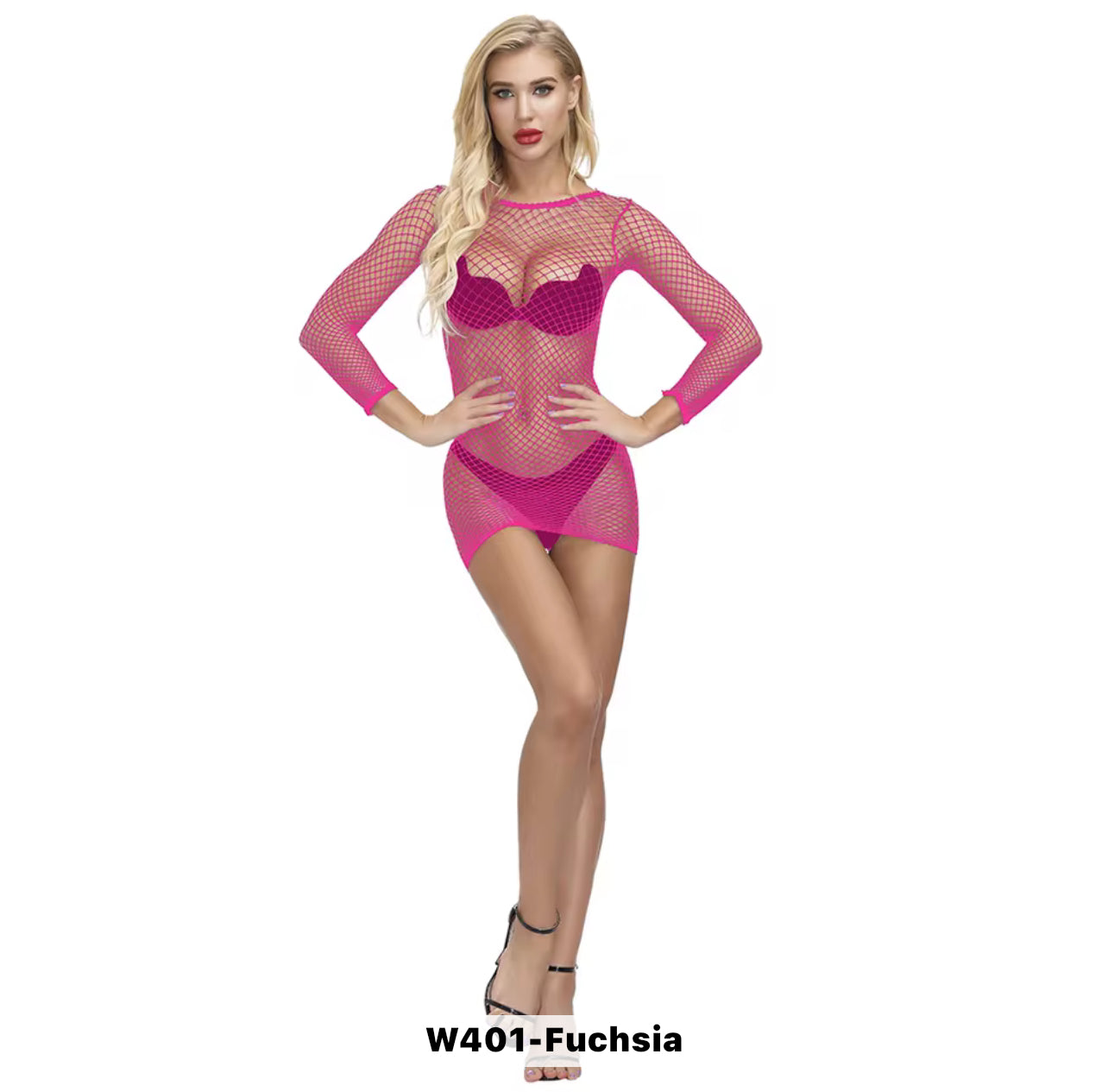 Fishnet Long Sleeve Short Dress -#005