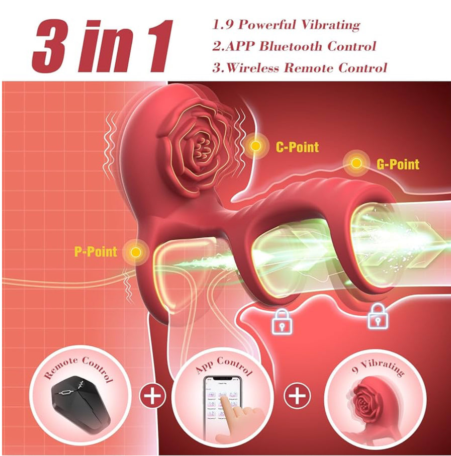 Vibrating Rose Shaped Cock Ring W/ Clitoral G-Spot Stimulation