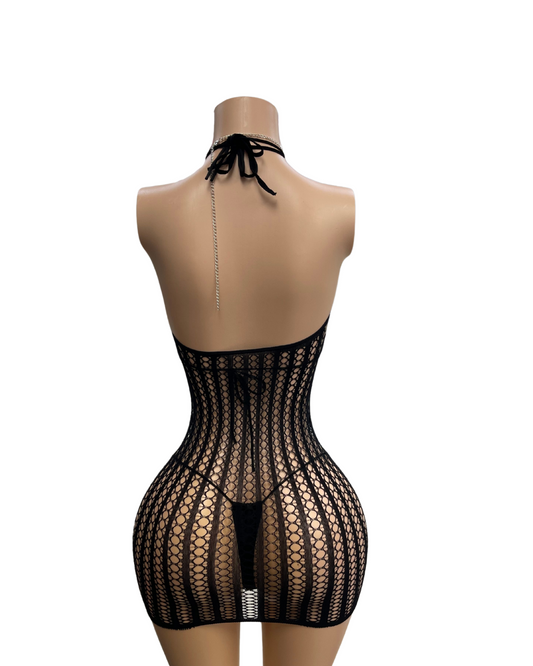 Short Low Back Tie Neck Fishnet Dress 014