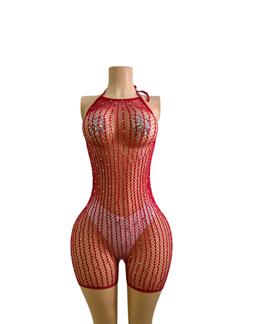 Fishnet Backtie Romper W/Rhinestones(SHORT)-#010