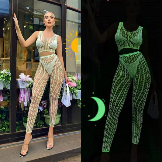 Two (2) Piece Glow In Dark Fishnet Pants Set -#002 -