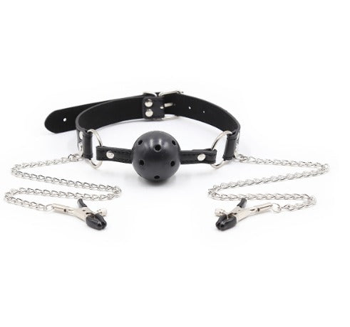 Leather Gag Collar With Nipple Clamps