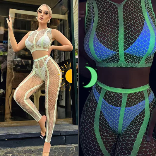 Two (2) Piece Glow In Dark Fishnet Pants Set -#002