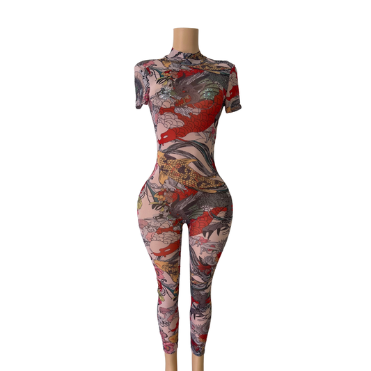 Long Tattoo Mesh Jumpsuit #002