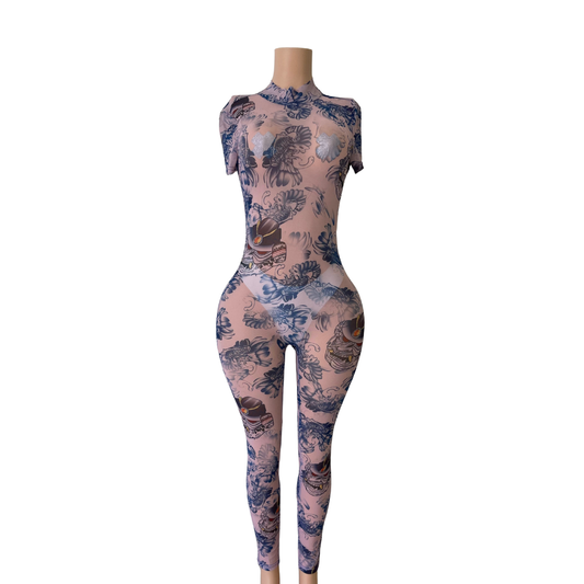 Long Tattoo Mesh Jumpsuit #001